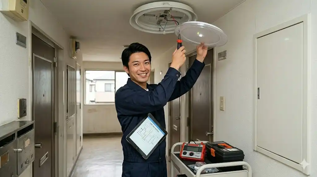 埼玉県朝霞市のマンション廊下で古い照明を最新のLED器具へ交換する電気工事士
