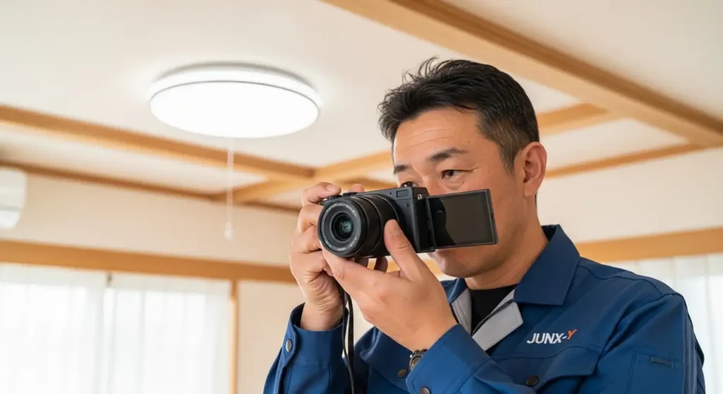 申請に必要な施工前後の写真をデジタルカメラで撮影する技術者