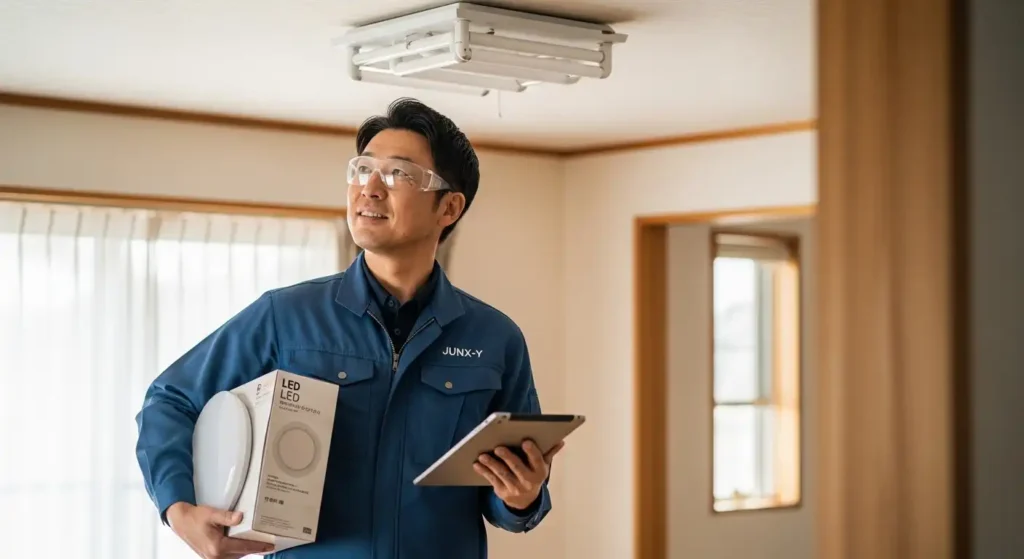 最新のLED照明器具を抱え設置場所の下見を行うスタッフ