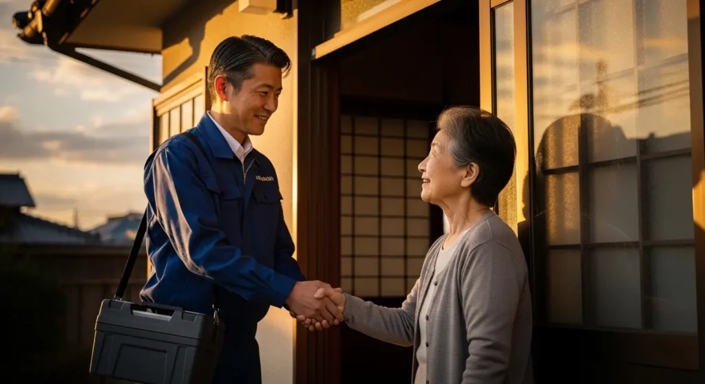 点検を終え、しっかりとした握手で安心を届けるJUNX-Yのスタッフ