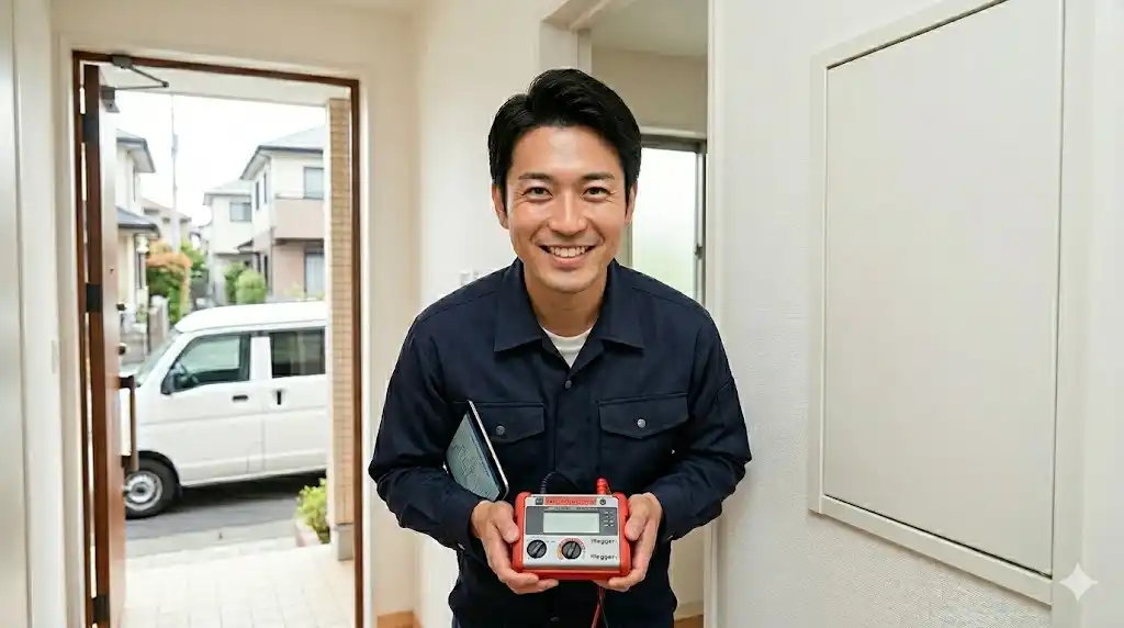 埼玉県朝霞市で漏電調査の機材を持ち、笑顔で対応する電気工事士のスタッフ朝霞市周辺の電気トラブルに迅速・丁寧に伺います