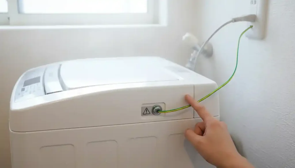 湿気の多い脱衣所で、洗濯機に正しく接続された感電予防用のアース線