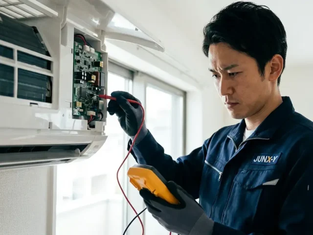 自宅の室内用エアコンで漏電調査の点検を行うプロの電気工事士