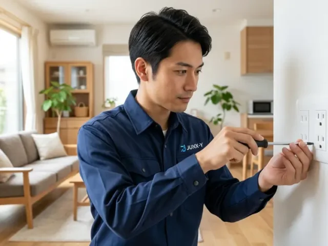 埼玉県朝霞市の住宅で新しい壁面コンセントの増設工事を行うプロの電気工事士