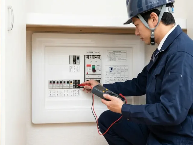 家庭の分電盤で漏電ブレーカーが落ちている様子と点検する電気工事士