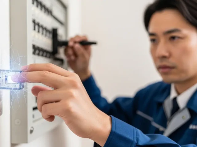 漏電したコンセントから火花が出る様子と、それを点検するプロの電気工事士