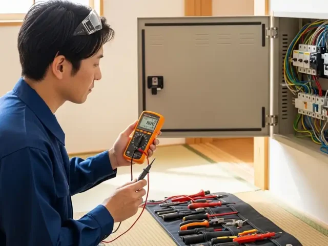 漏電の原因を特定するために分電盤を点検する電気工事士の様子