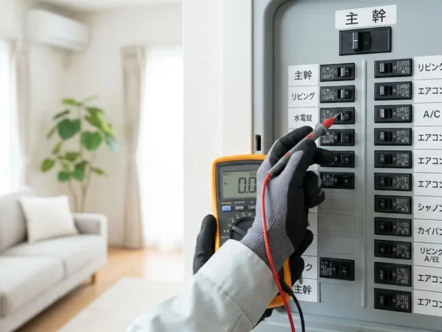 住宅で漏電調査を行うプロの電気工事士と分電盤
