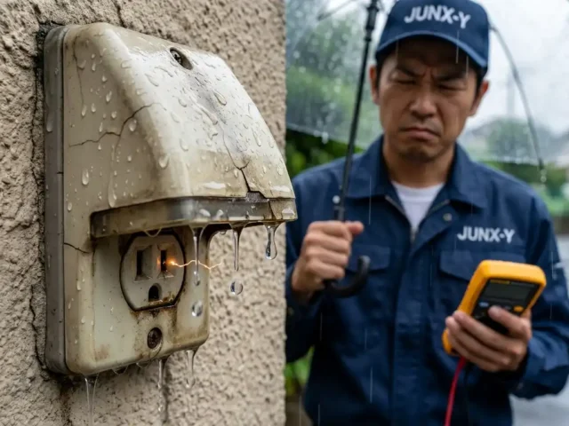 雨の日に外壁の防水コンセントが濡れて漏電の火花が発生している様子とプロの電気工事士