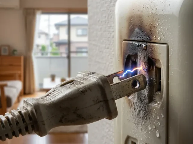 コンセントと電源プラグの隙間に溜まったホコリと湿気が原因で発生したトラッキング現象の火花
